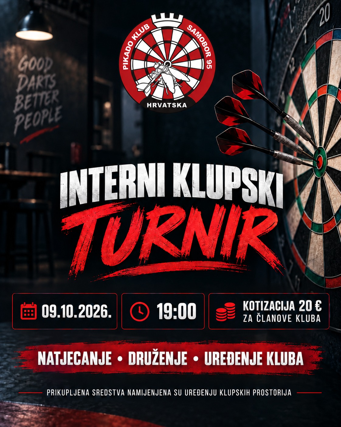 Plakat za interni klupski turnir Pikado kluba Samobor 95, 9. listopada 2026. u 19 sati